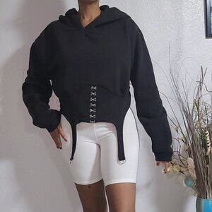 Black Cropped Corset Hooded Sweatshirt Size L